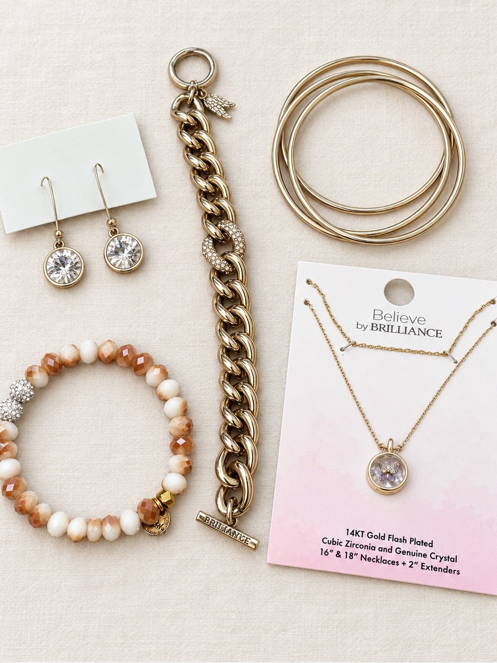 5 Piece Gold-Tone Jewelry Set - Layered Necklace, Earrings & Bracelets